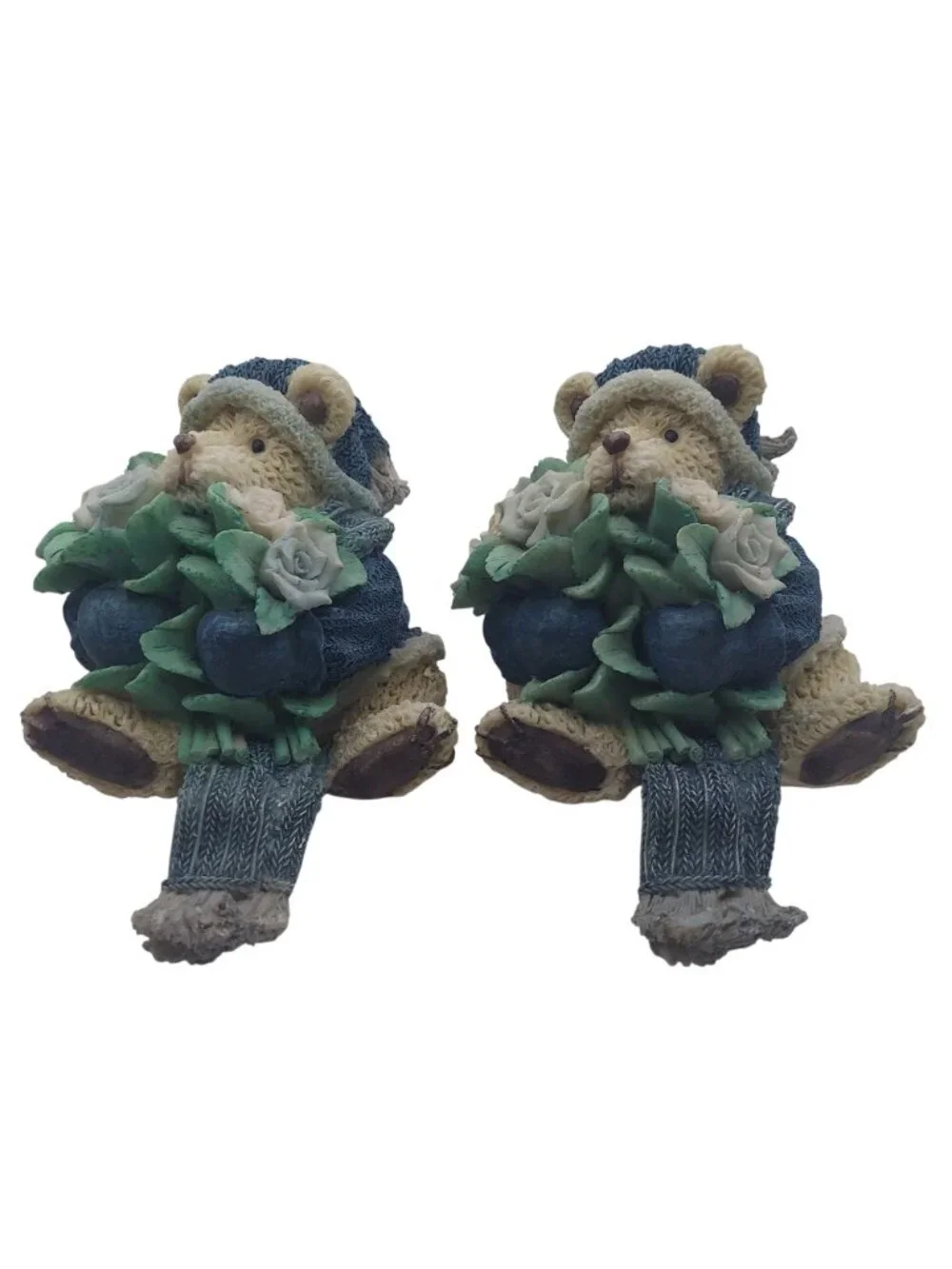 Boyds Bears Stocking Holders Resin Holiday Christmas Blue Shelf Sitters Set Of 2